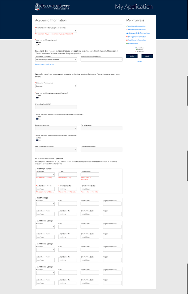 Academic Information Screen