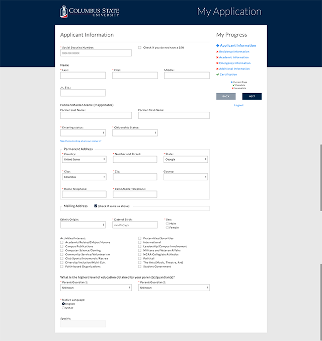 Applicant Information Screen