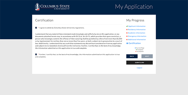 Certification Screen