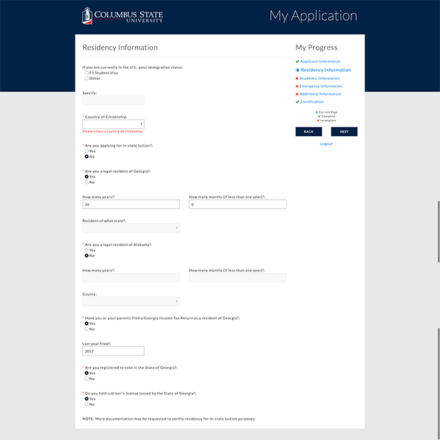 Residency Information Screen